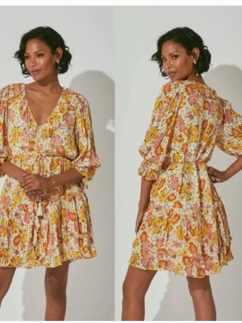 Cleobella Yellow Pink Floral V-Neck Tiered Mini Dress